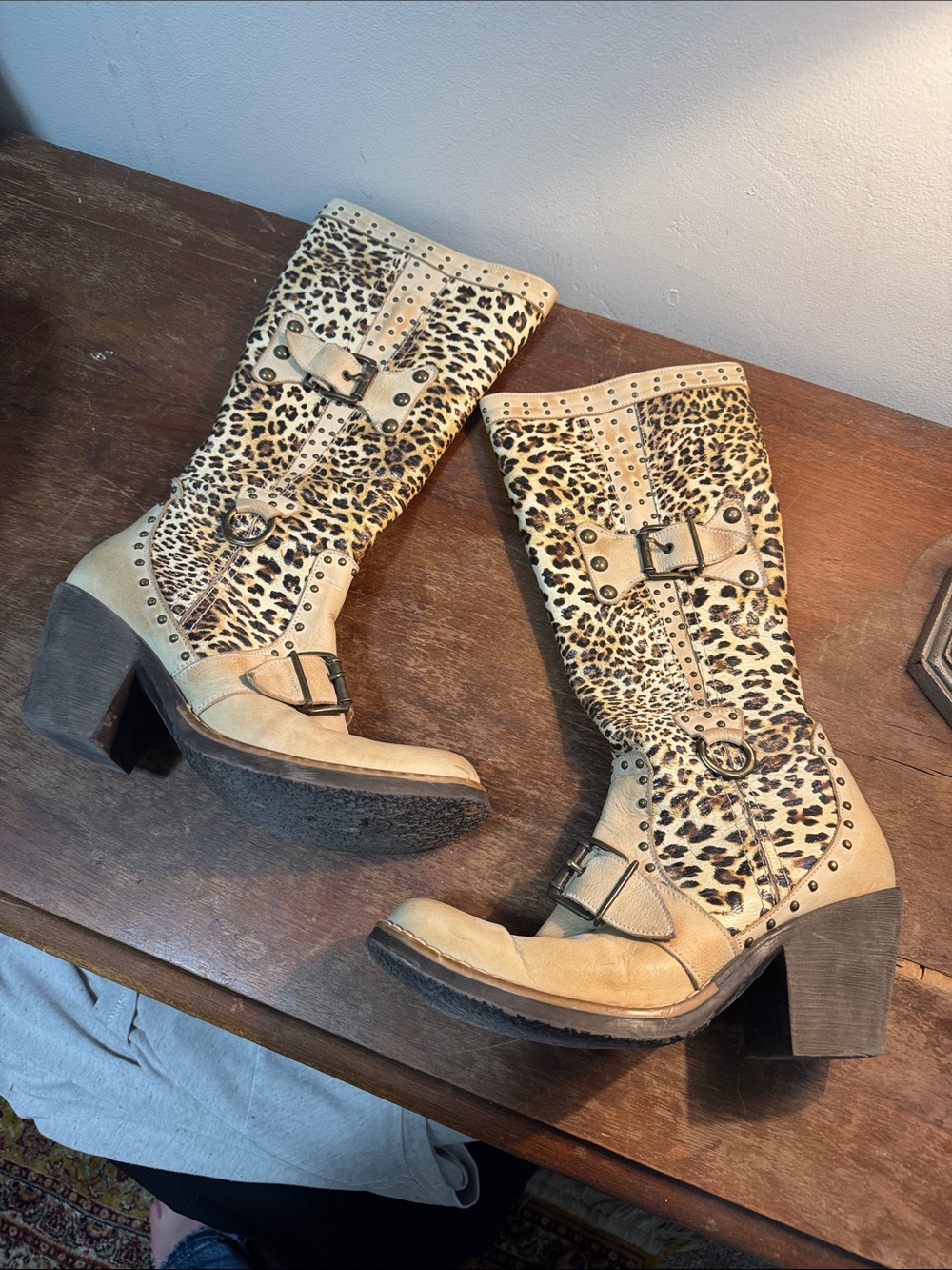 Leopard Print Tan Mid-Calf Heeled Boots - Women